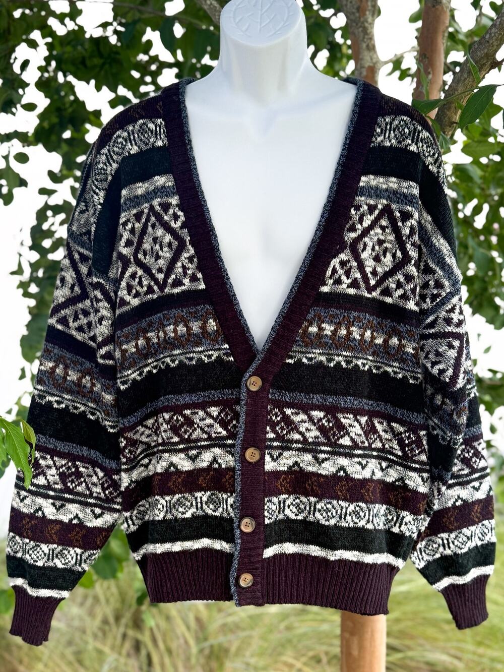 Vintage Michael Gerald Cardigan Sweater L Geometric Fair Isle Grandpa Knit 90s